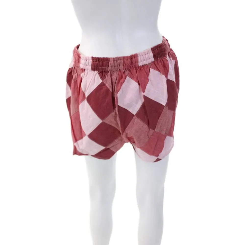 Warm Womens Cotton Elastic Waist Checkered Print Shorts Red Size 1